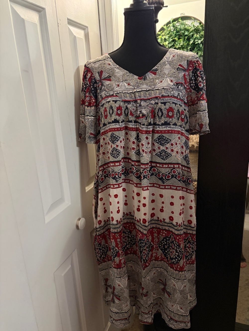 Sante Boho Patchwork Midi Dress in Red, Black and Cream